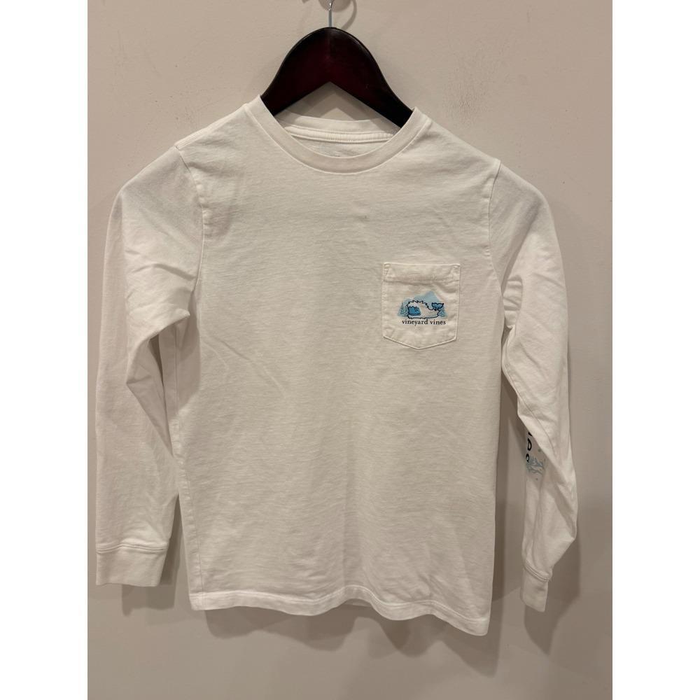 Vineyard Vines Kids White Yeti Whale Long Sleeve Pocket T-Shirt Size S 8-10